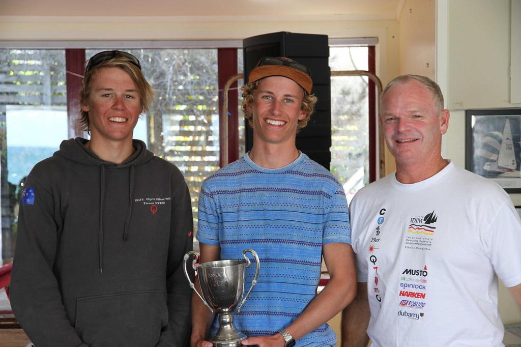 Isaac & Markus - 29er National Champions 2014, with Kim Rogers (29er Class President) - 29er NZ Nationals 2014 © John Adair
